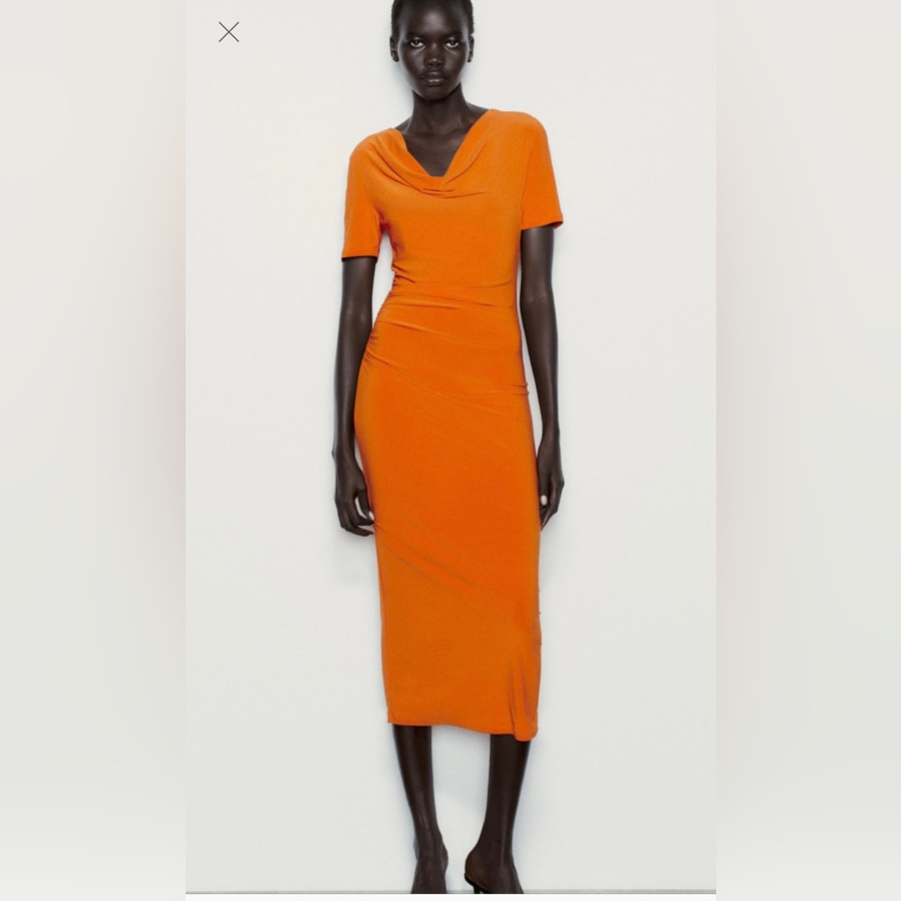 Zara Orange Flowy Draped Fitted Dress - Size Small